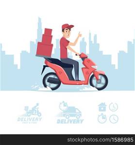 Delivery man cartoon. Vector delivery man on scooter and flat icons isolated on white background. Illustration of scooter delivery, cartoon deliveryman. Delivery man cartoon. Vector delivery man on scooter and flat icons isolated on white background