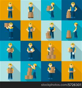 Delivery man courier job merchandise business icon flat set isolated vector illustration