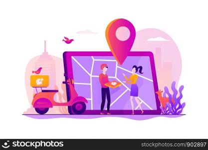 Delivery man delivered pizza to customer by scooter, map on tablet, tiny people. Food delivery service, online food ordering, 24 7 food service concept. Vector isolated concept creative illustration.. Food delivery service concept vector illustration.