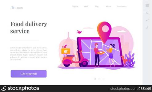 Delivery man delivered pizza to customer by scooter, map on tablet, tiny people. Food delivery service, online food ordering, 24 7 food service concept. Website homepage header landing web page template.. Food delivery service landing page template.
