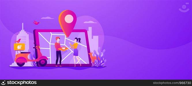 Delivery man delivered pizza to customer by scooter, map on tablet, tiny people. Food delivery service, online food ordering, 24 7 food service concept. Header or footer banner template with copy space.. Food delivery service web banner concept.