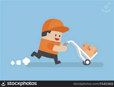 Delivery man delivering cardboard boxes by cart, delivery service, logistics management, fast shipping concept