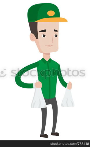 Delivery man delivering online shopping order. Delivery man carrying packages with groceries. Caucasian delivery man delivering groceries. Vector flat design illustration isolated on white background.. Delivery man delivering groceries to customer.