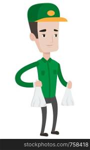 Delivery man delivering online shopping order. Delivery man carrying packages with groceries. Caucasian delivery man delivering groceries. Vector flat design illustration isolated on white background.. Delivery man delivering groceries to customer.