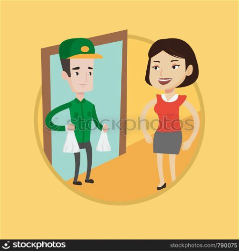 Delivery man delivering online shopping order to customer at home. Woman receiving packages with groceries from delivery man. Vector flat design illustration in the circle isolated on background.. Delivery man delivering groceries to customer.