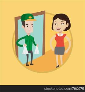 Delivery man delivering online shopping order to customer at home. Woman receiving packages with groceries from delivery man. Vector flat design illustration in the circle isolated on background.. Delivery man delivering groceries to customer.