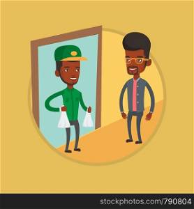Delivery man delivering online shopping order to customer at home. African man receiving packages with groceries from delivery man. Vector flat design illustration in the circle isolated on background. Delivery man delivering groceries to customer.