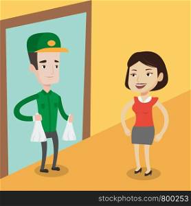 Delivery man delivering online shopping order. Women receiving packages with groceries from delivery man. Man delivering groceries to customer at home. Vector flat design illustration. Square layout. Delivery man delivering groceries to customer.