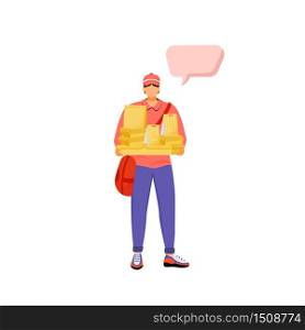 Delivery man flat color vector faceless character. Courier in uniform with parcel. Shipping goods and food. Person with speech bubble isolated cartoon illustration for web graphic design and animation
