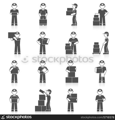 Delivery man freight merchandise postage black icon set isolated vector illustration