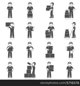 Delivery man freight merchandise postage black icon set isolated vector illustration