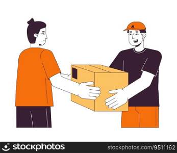 Delivery man giving package to man flat line color vector character. Editable outline full body person on white. Express delivery simple cartoon spot illustration for web graphic design. Delivery man giving package to man flat line color vector character