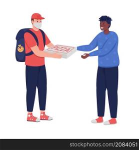 Delivery man giving pizza semi flat color vector characters. Interacting figures. Full body people on white. Safe service isolated modern cartoon style illustration for graphic design and animation. Delivery man giving pizza semi flat color vector characters