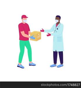 Delivery man giving vaccine package to doctor flat color vector faceless characters. Hospital supply. Pharmacy delivery isolated cartoon illustration for web graphic design and animation. Delivery man giving vaccine package to doctor flat color vector faceless characters