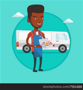 Delivery man holding a box of cakes. Baker delivering cakes. Young man with cupcakes standing on the background of delivery truck. Vector flat design illustration in the circle isolated on background.. Baker delivering cakes vector illustration.