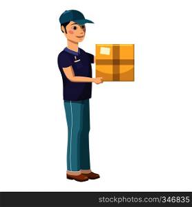 Delivery man holding and carrying a cardbox icon in cartoon style on a white background. Delivery man holding and carrying a cardbox icon