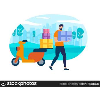 Delivery Man on Scooter. Fast Transportation. Character Postman, Courier with Parcel on Motorbike Over City View Landscape. Cartoon Flat Vector Illustration, Creative Icon Isolated on White Background. Character Postman Courier With Parcel on Motorbike