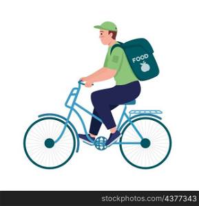 Delivery man on transport semi flat color vector character. Posing figure. Full body person on white. Courier on bike isolated modern cartoon style illustration for graphic design and animation. Delivery man on transport semi flat color vector character