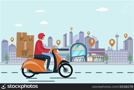 Delivery man rid motorbike scooter with the box. City Background. Concept of fast delivery in the city. Male courier with parcel box on his back with goods, food or products. flat vector illustration