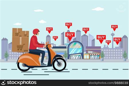 Delivery man rid motorbike scooter with the box. City Background. Concept of fast delivery in the city. Male courier with parcel box on his back with goods, food or products. flat vector illustration