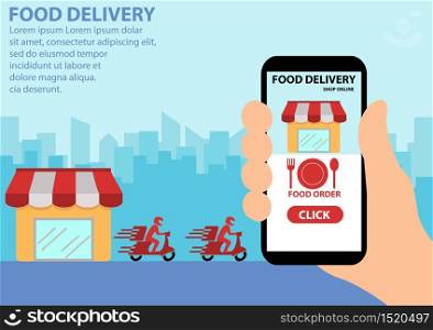 Delivery man ride bike get order ,Hand holding mobile smart phone open app,fast delivery,Vector illustration.