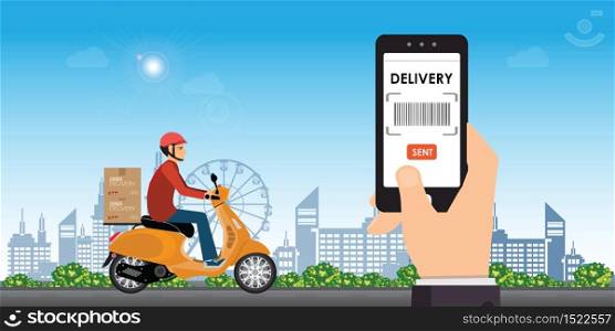 Delivery man ride bike get order.Hand holding mobile smart phone open app.Online delivery service.Fast delivery or shipping concept vector illustration.