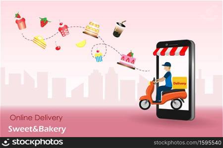 Delivery man riding motorbike from smart phone screen deliver bubble tea, sweet and bakery cakes to customer. Online food delivery service concept. Vector Illustration.
