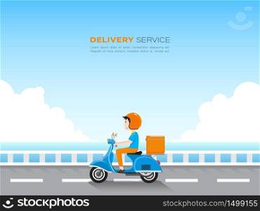 Delivery man riding scooter with delivery case box on the road by the blue sea and sky. Delivery service concept. Vector illustration