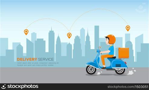 Delivery man riding scooter with delivery case box on the road in downtown area. Delivery Service business, Vector illustration.