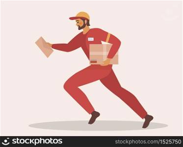 Delivery man runs and holds box and letter in a red uniform. Delivery service is fast. Vector illustration.. Delivery man runs and holds box and letter in a red uniform. Delivery service is fast. Vector illustration