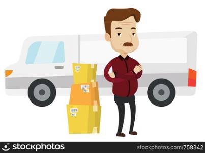 Delivery man standing in front of truck. Homeowner unloading cardboard boxes from delivery truck. Caucasian worker of delivery service. Vector flat design illustration isolated on white background.. Man moving to house vector illustration.