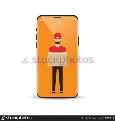 Delivery man standing with holding packed. vector illustration