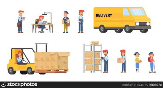 Delivery man. Transportation and logistic service. People work in warehouse. Young men and woman deliver parcels, food, purchases, decent vector set. Illustration of delivery service logistic. Delivery man. Transportation and logistic service. People work in warehouse. Young men and woman deliver parcels, food, purchases, decent vector set