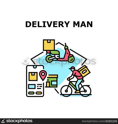 Delivery Man Vector Icon Concept. Delivery Man Delivering Good And Fast Food On Bicycle And Scooter Transport. Smartphone Digital Application For Search Order Online Color Illustration. Delivery Man Vector Concept Color Illustration