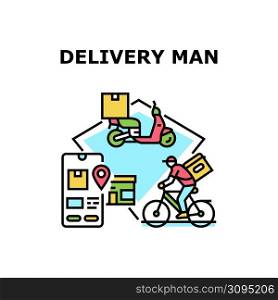 Delivery Man Vector Icon Concept. Delivery Man Delivering Good And Fast Food On Bicycle And Scooter Transport. Smartphone Digital Application For Search Order Online Color Illustration. Delivery Man Vector Concept Color Illustration
