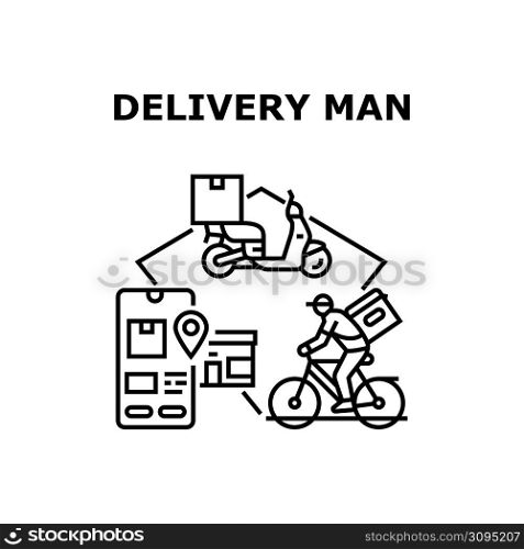 Delivery Man Vector Icon Concept. Delivery Man Delivering Good And Fast Food On Bicycle And Scooter Transport. Smartphone Digital Application For Search Order Online Black Illustration. Delivery Man Vector Concept Black Illustration