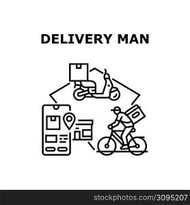 Delivery Man Vector Icon Concept. Delivery Man Delivering Good And Fast Food On Bicycle And Scooter Transport. Smartphone Digital Application For Search Order Online Black Illustration. Delivery Man Vector Concept Black Illustration