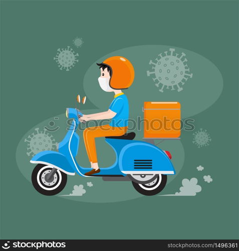 Delivery man wearing facial mask riding scooter with delivery case box, Delivery service during Covid-19 or Coronavirus outbreak situation. Vector illustration.