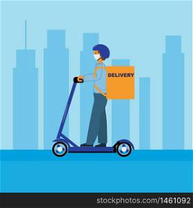 Delivery man with blue uniform driving scooter in the city. Flat design. Concept