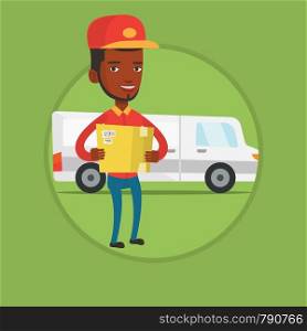 Delivery man with box on background of delivery truck. Delivery man carrying cardboard box. Delivery man with a box in his hands. Vector flat design illustration in the circle isolated on background.. Delivery man carrying cardboard boxes.