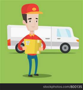 Delivery man with box on background of delivery truck. Delivery man carrying cardboard box. Delivery man with a box in his hands. Vector flat design illustration. Square layout.. Delivery man carrying cardboard boxes.