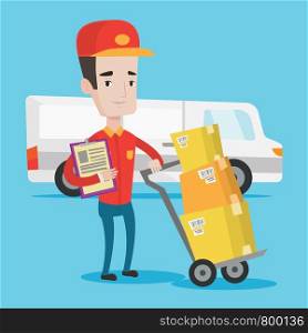 Delivery man with cardboard boxes on trolley. Delivery man with clipboard. Delivery man standing in front of delivery van. Vector flat design illustration. Square layout.. Delivery man with cardboard boxes.