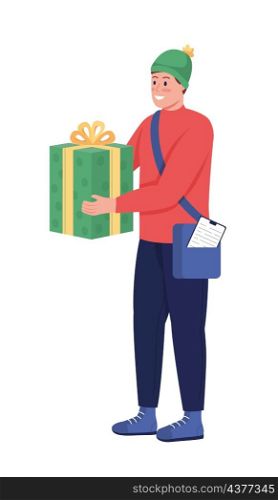 Delivery man with gift semi flat color vector character. Posing figure. Full body person on white. Order shipping isolated modern cartoon style illustration for graphic design and animation. Delivery man with gift semi flat color vector character