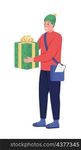 Delivery man with gift semi flat color vector character. Posing figure. Full body person on white. Order shipping isolated modern cartoon style illustration for graphic design and animation. Delivery man with gift semi flat color vector character