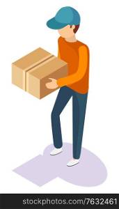 Delivery man with package in hands isolated cartoon person. Vector guy in cap with packaging, square box with adhesive tape. 3D isometric animated character. Delivery Man with Package in Hands Isolated Person