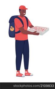 Delivery man with pizza semi flat color vector character. Posing figure. Full body person on white. Courier with food isolated modern cartoon style illustration for graphic design and animation. Delivery man with pizza semi flat color vector character
