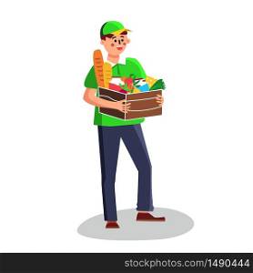 Delivery Man With Products Nutrition In Box Vector. Smiling Delivery Boy With Food In Package Delivering Vegetable, Fruit And Baguette Bread. Courier Service Character Flat Cartoon Illustration. Delivery Man With Products Nutrition In Box Vector