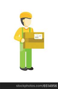 Delivery man Worker holds package in his hands.. Delivery man holds package in his hands. Manager deliver goods to designated place. Equipment delivery process of warehouse. Loader man isolated on white background. Business delivery of cargo. Vector