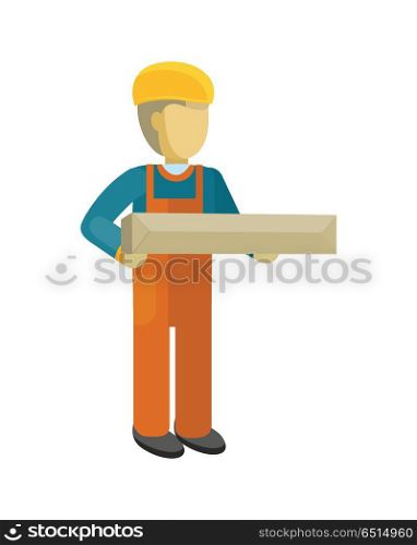 Delivery Man Worker Holds Package in his Hands. Delivery man holds package in his hands. Manager deliver goods to designated place. Equipment delivery process of warehouse. Loader man isolated on white background. Business delivery of cargo. Vector