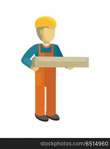 Delivery Man Worker Holds Package in his Hands. Delivery man holds package in his hands. Manager deliver goods to designated place. Equipment delivery process of warehouse. Loader man isolated on white background. Business delivery of cargo. Vector